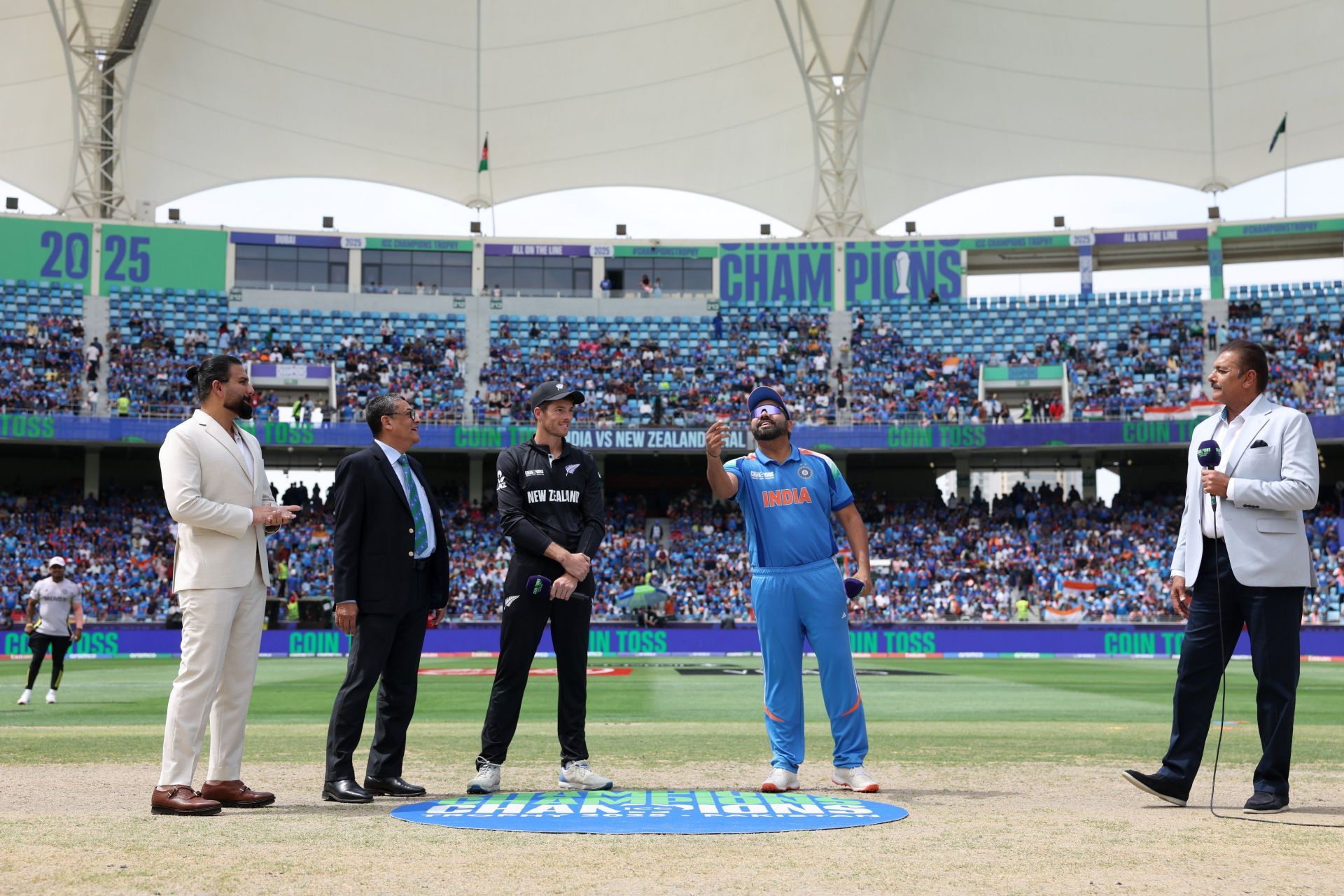 Rohit Sharma and Mitchell Santner during toss on Sunday. (Image: BCCI/X)