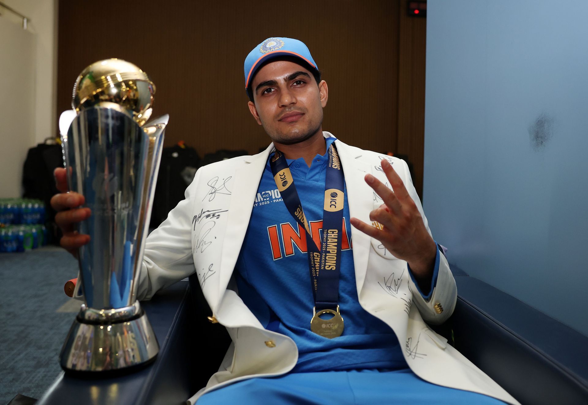 Shubman Gill poses with the trophy after India&#039;s Champions Trophy triumph [Credit: Getty]