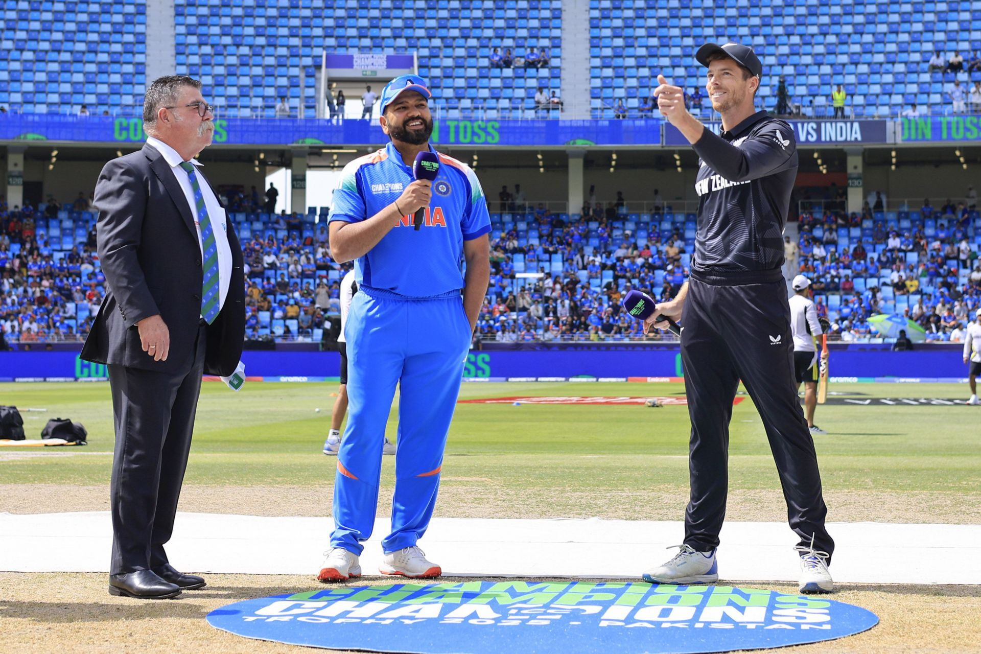 Rohit Sharma and Mitchell Santner during toss on Sunday. (Image: BCCI/X)