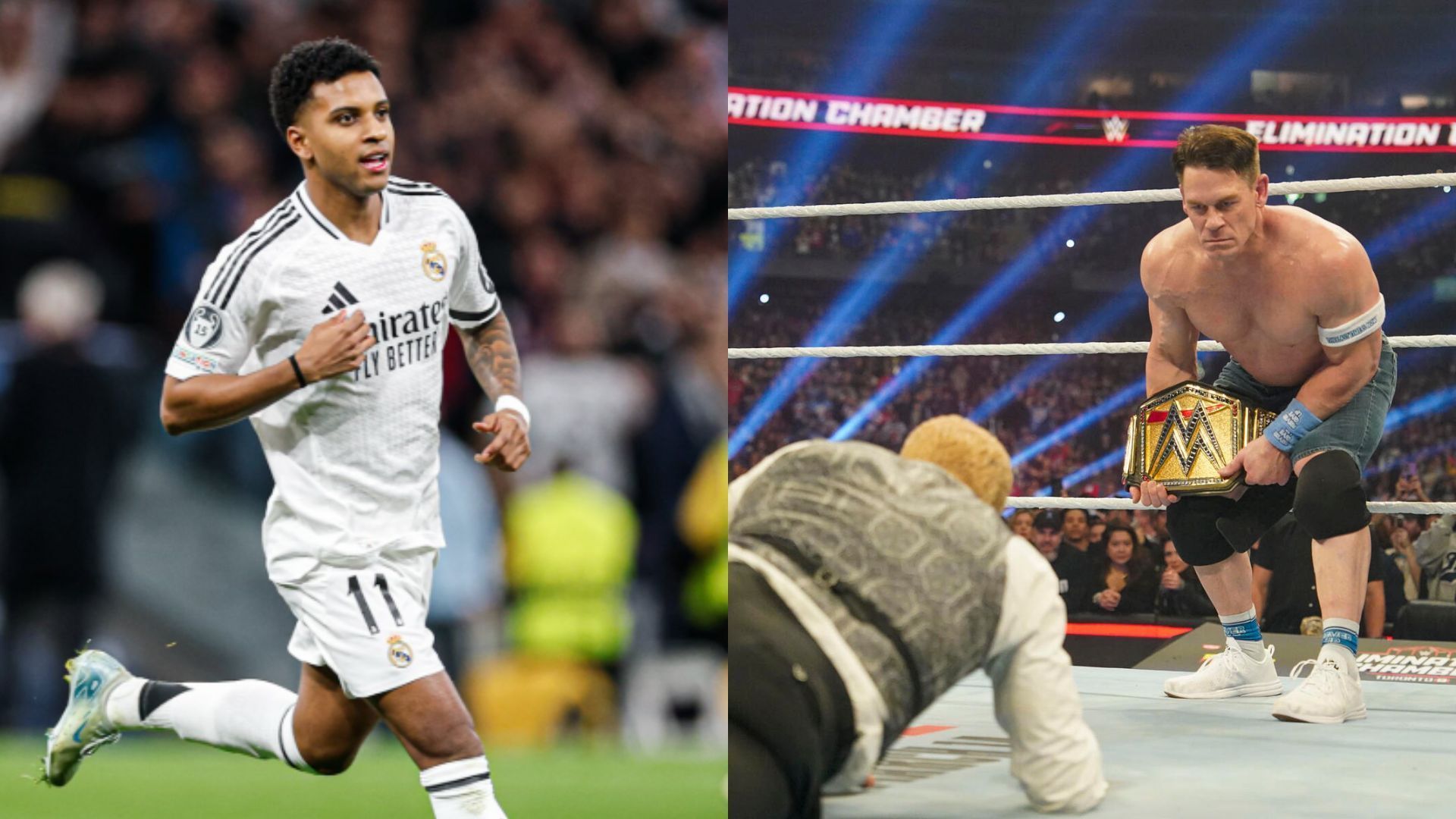 Rodrygo (left), John Cena &amp; Cody Rhodes (right) (Image Credits: Real Madrid Instagram and WWE.com)