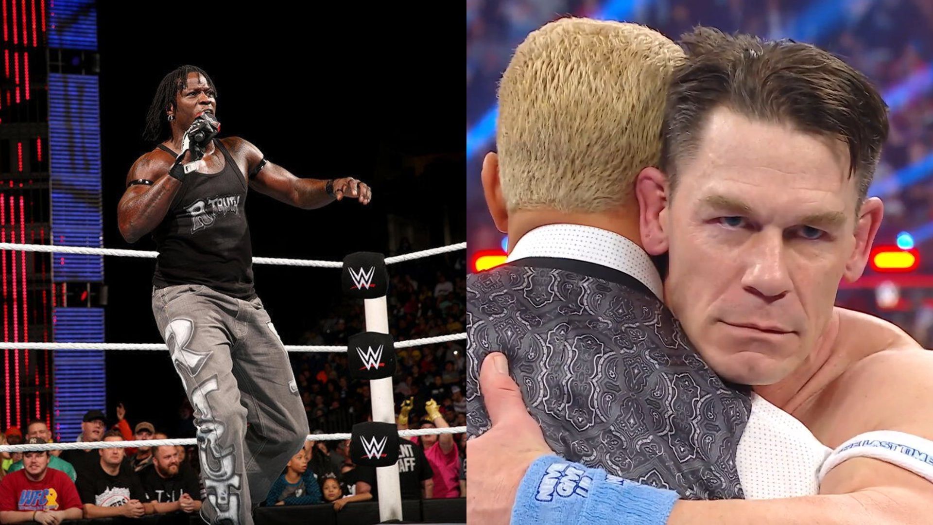 R-Truth (left), John Cena hugs Cody Rhodes (right) (Image Credits: WWE.com)