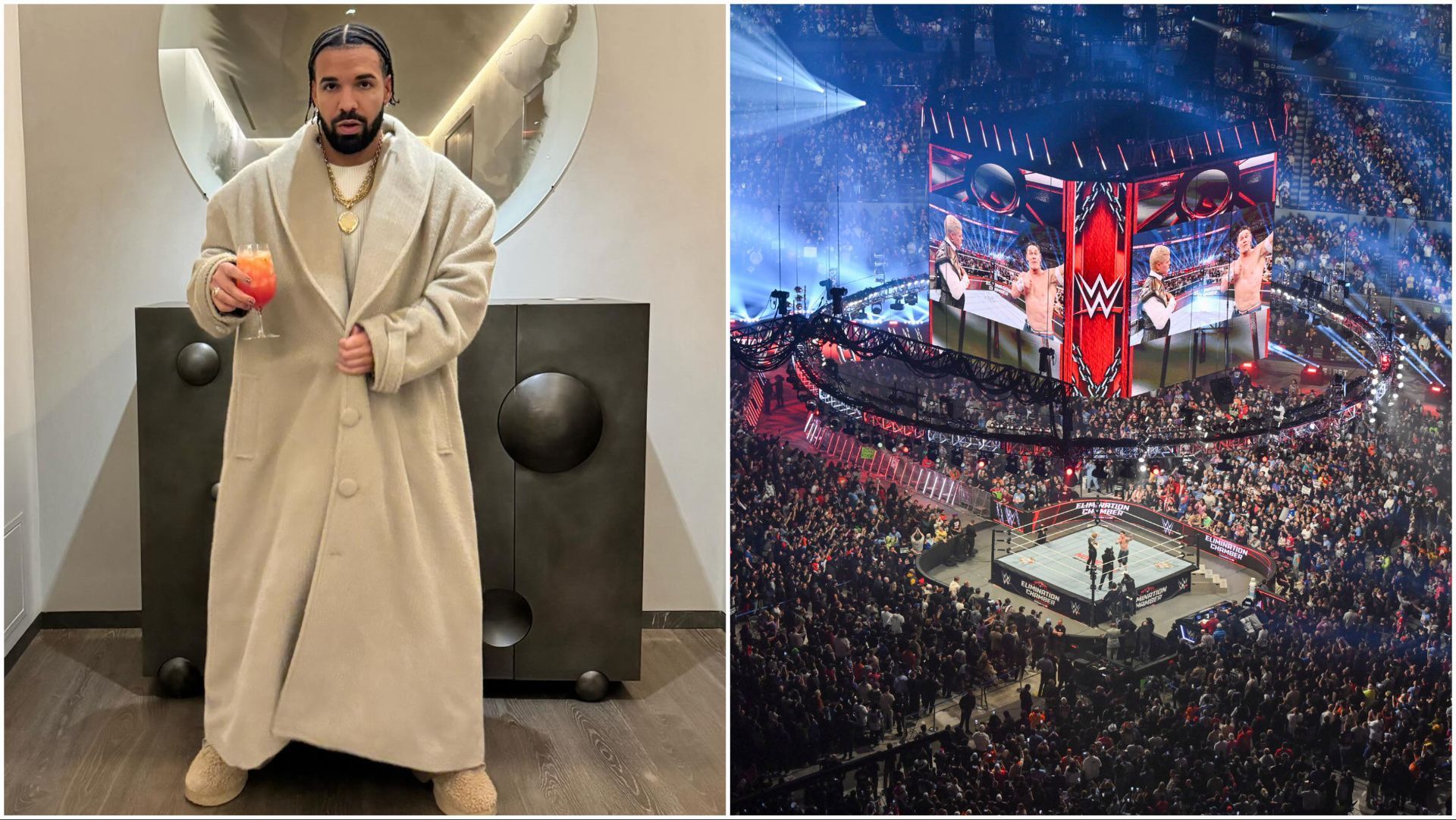 Rapper Drake with a drink, the WWE Universe at Elimination Chamber