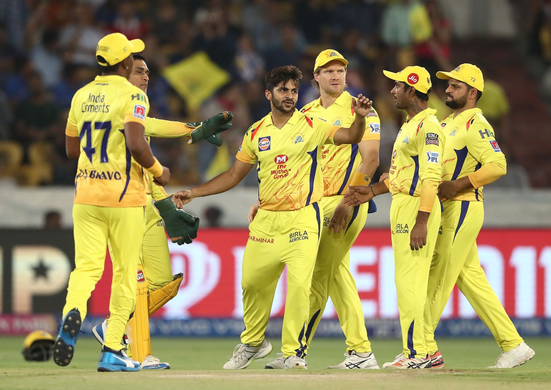 Shardul Thakur celebrates picking a wicket for CSK. Source: Getty