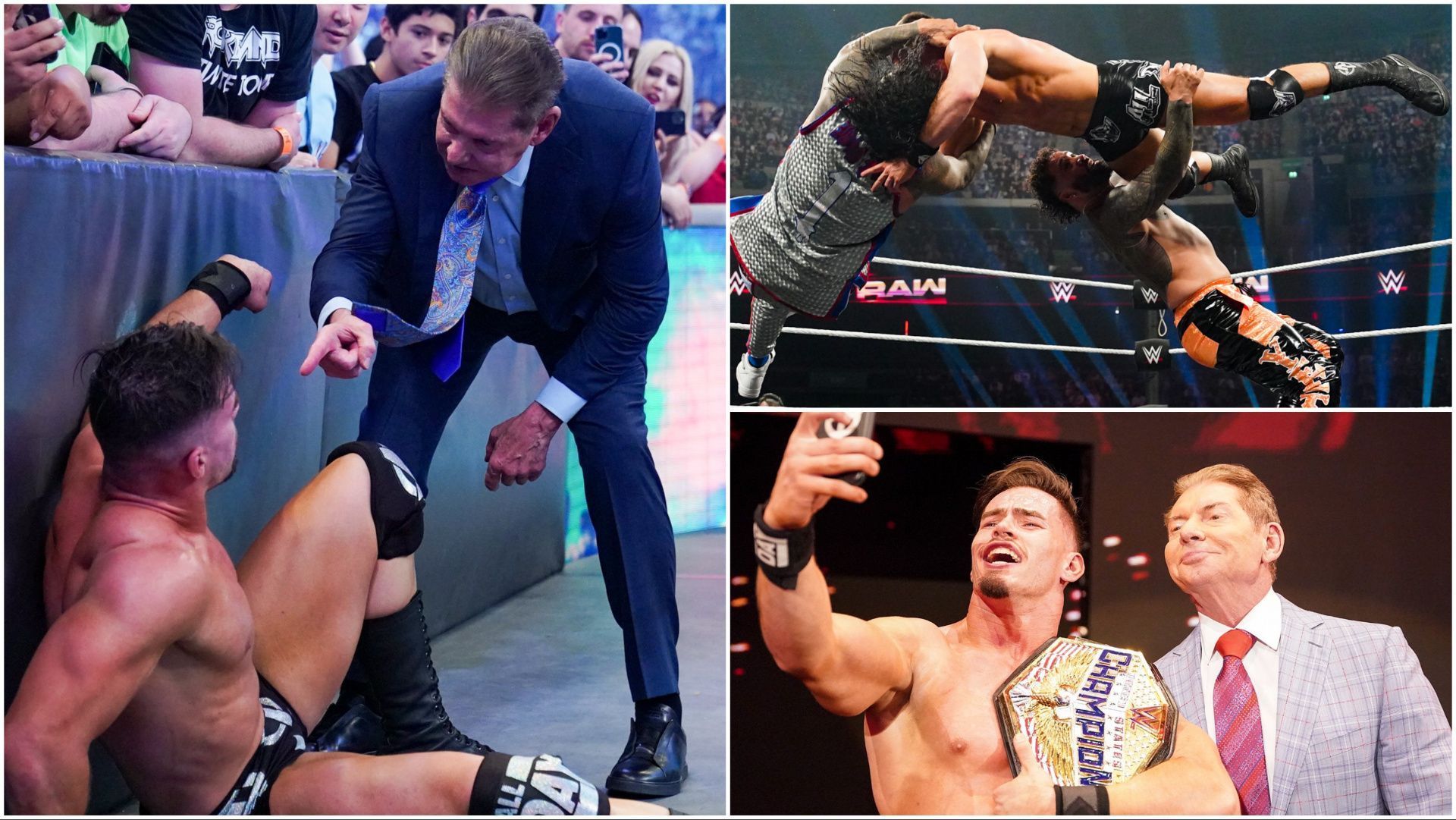 Austin Theory at various stages of his WWE career with The Usos and Vince McMahon