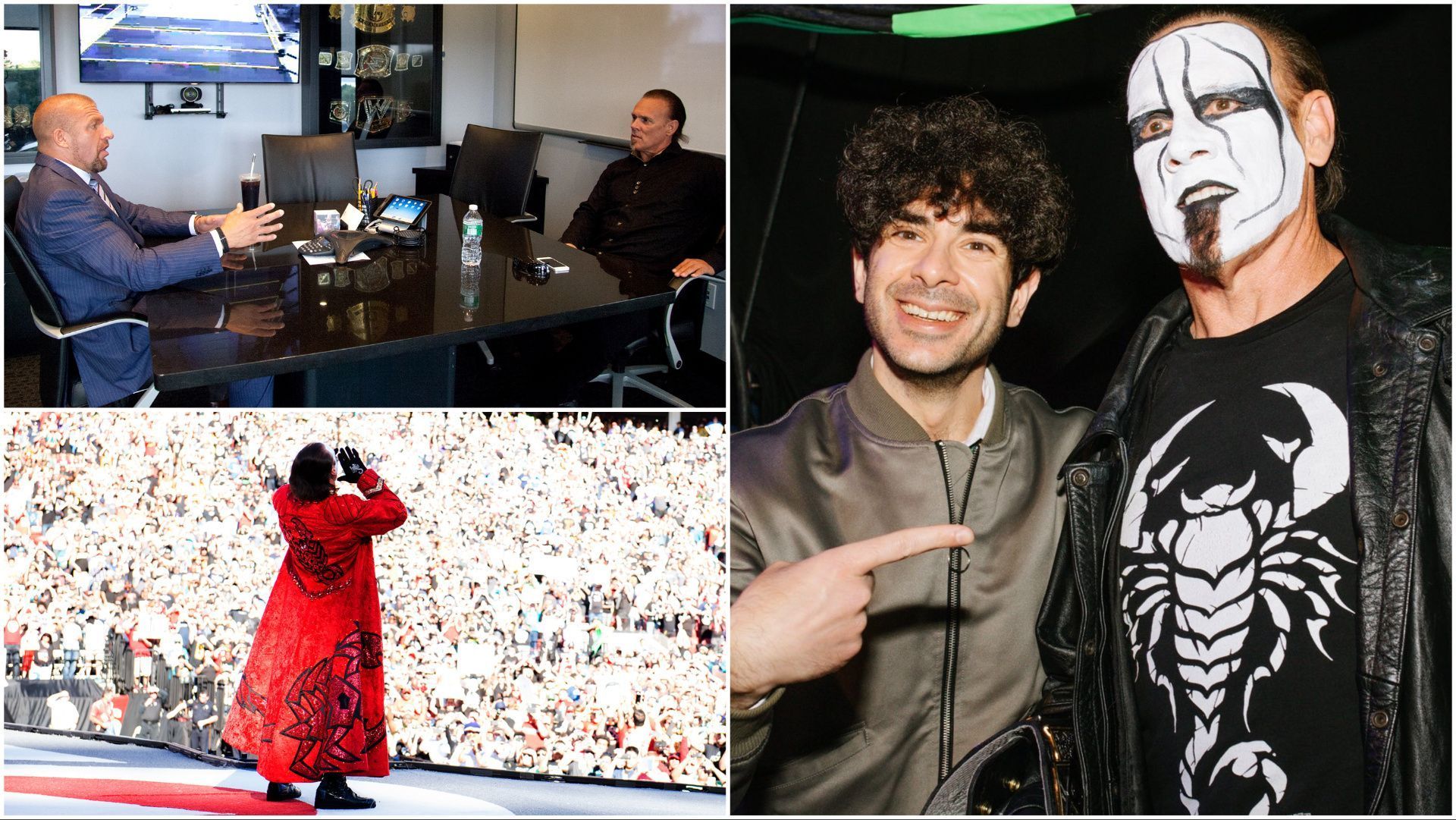 Sting in WWE with Triple H, Sting and Tony Khan at AEW Revolution