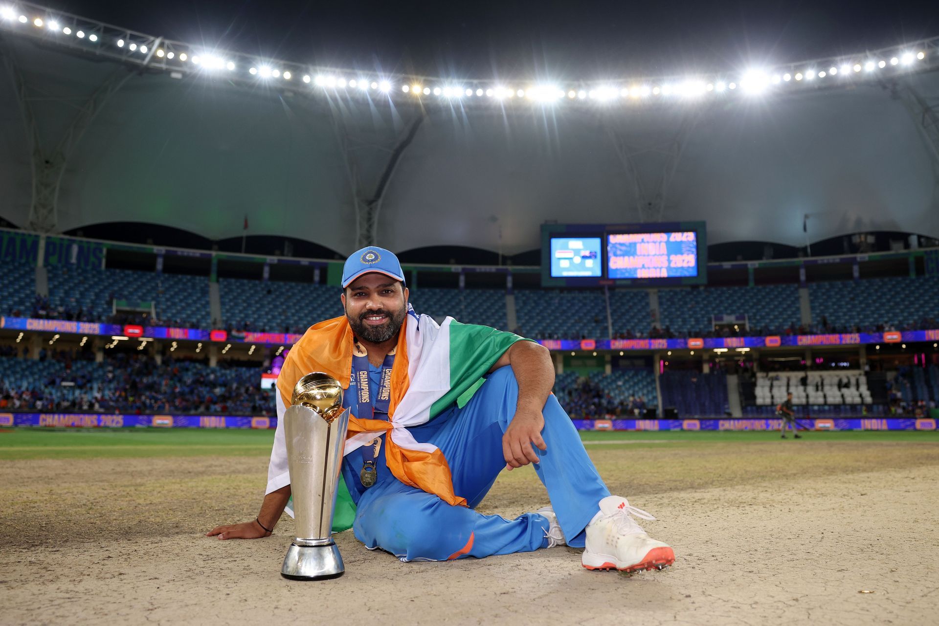 Rohit Sharma poses with the trophy. (Credits: Getty)