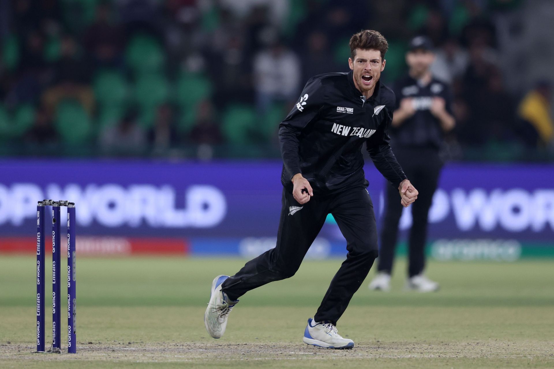 New Zealand&rsquo;s white-ball captain Mitchell Santner celebrates a wicket in the Champions Trophy semifinal against South Africa. (Image Credits: Getty Images)