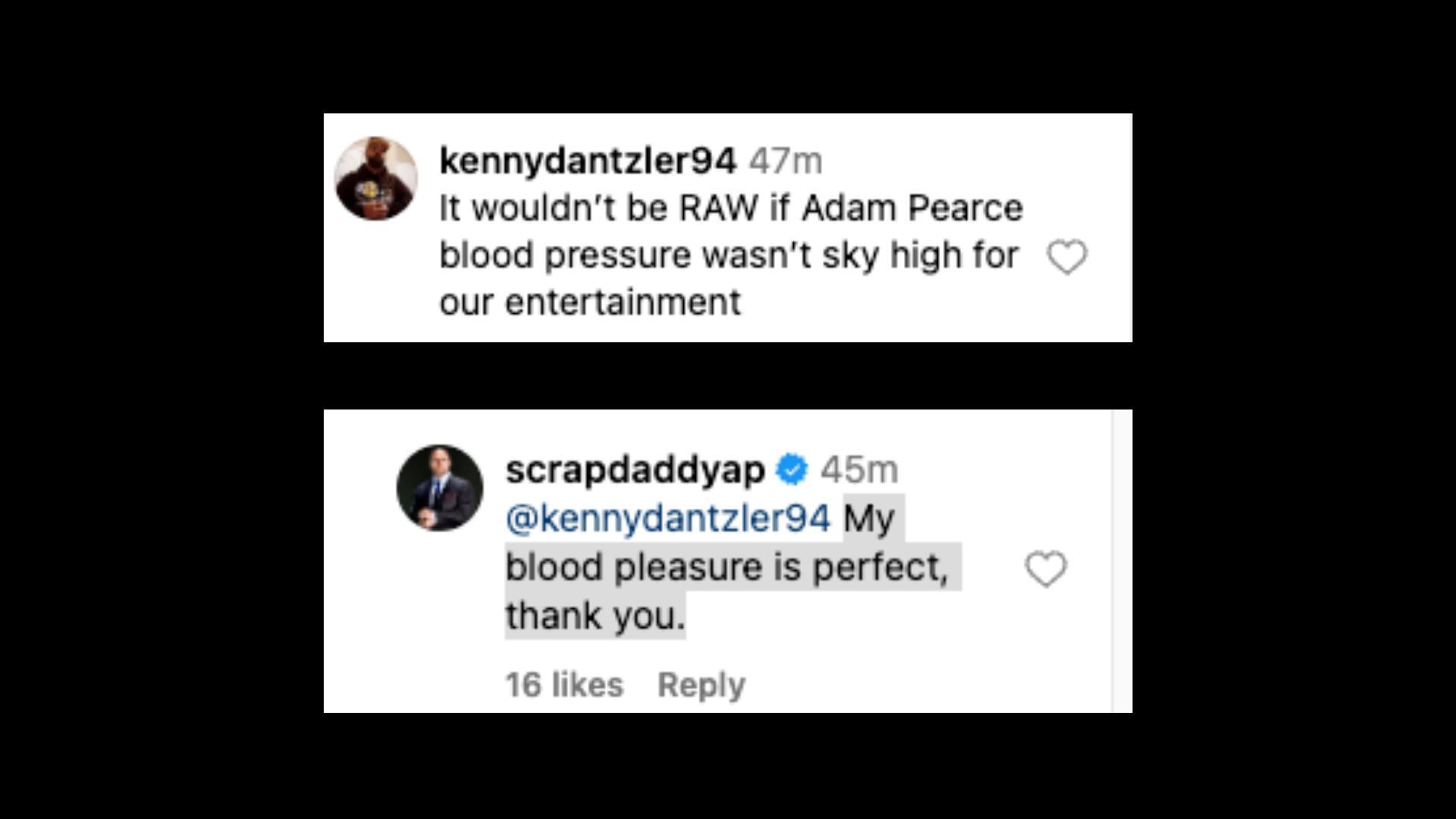 Pearce responds to a wrestling fan. [Image credit: Screenshot of comments on WWE&#039;s Instagram post]