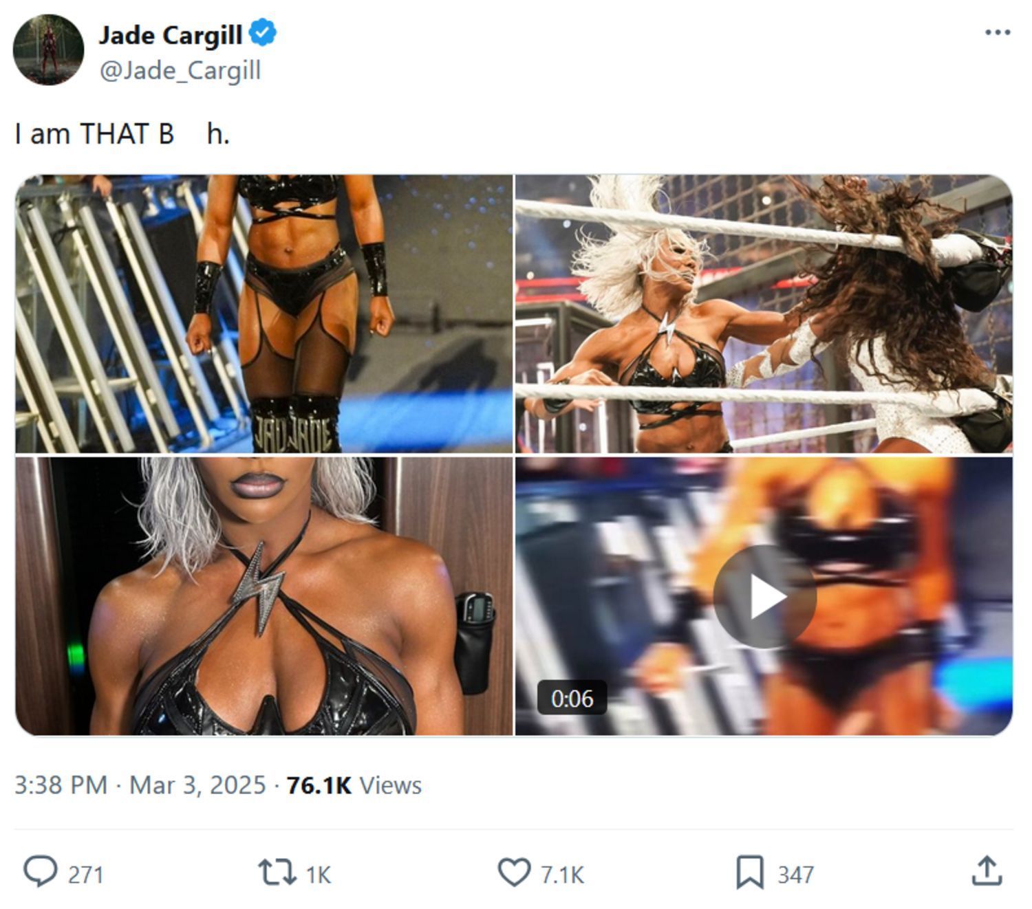 Jade Cargill has a defiant message [Photo Credits: screenshot of Jade Cargill&#039;s X post]