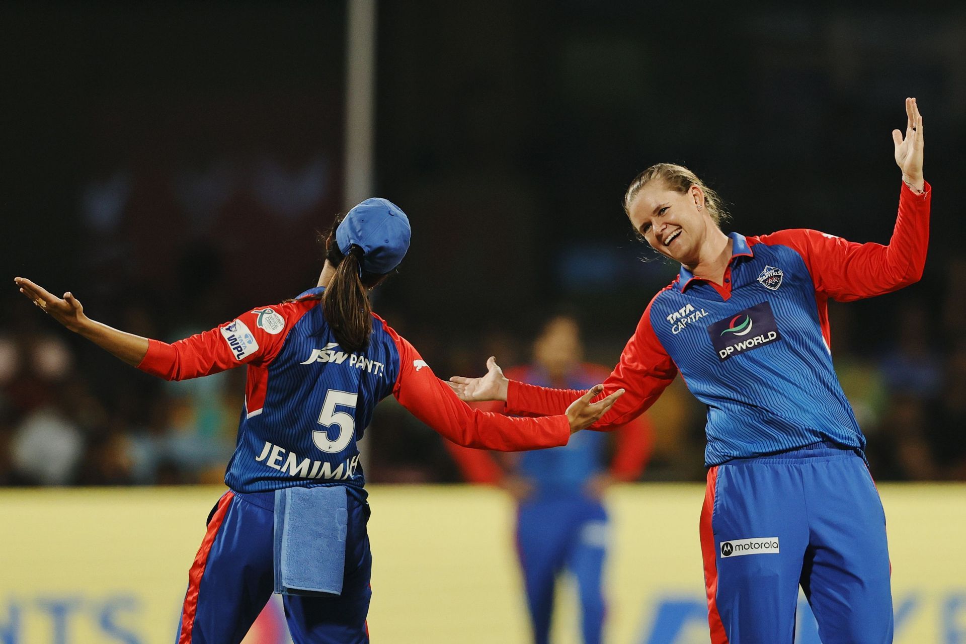 Jemimah Rodrigues and Jess Jonassen during DC vs MI WPL 2025 clash. (Image: wplt20/X)