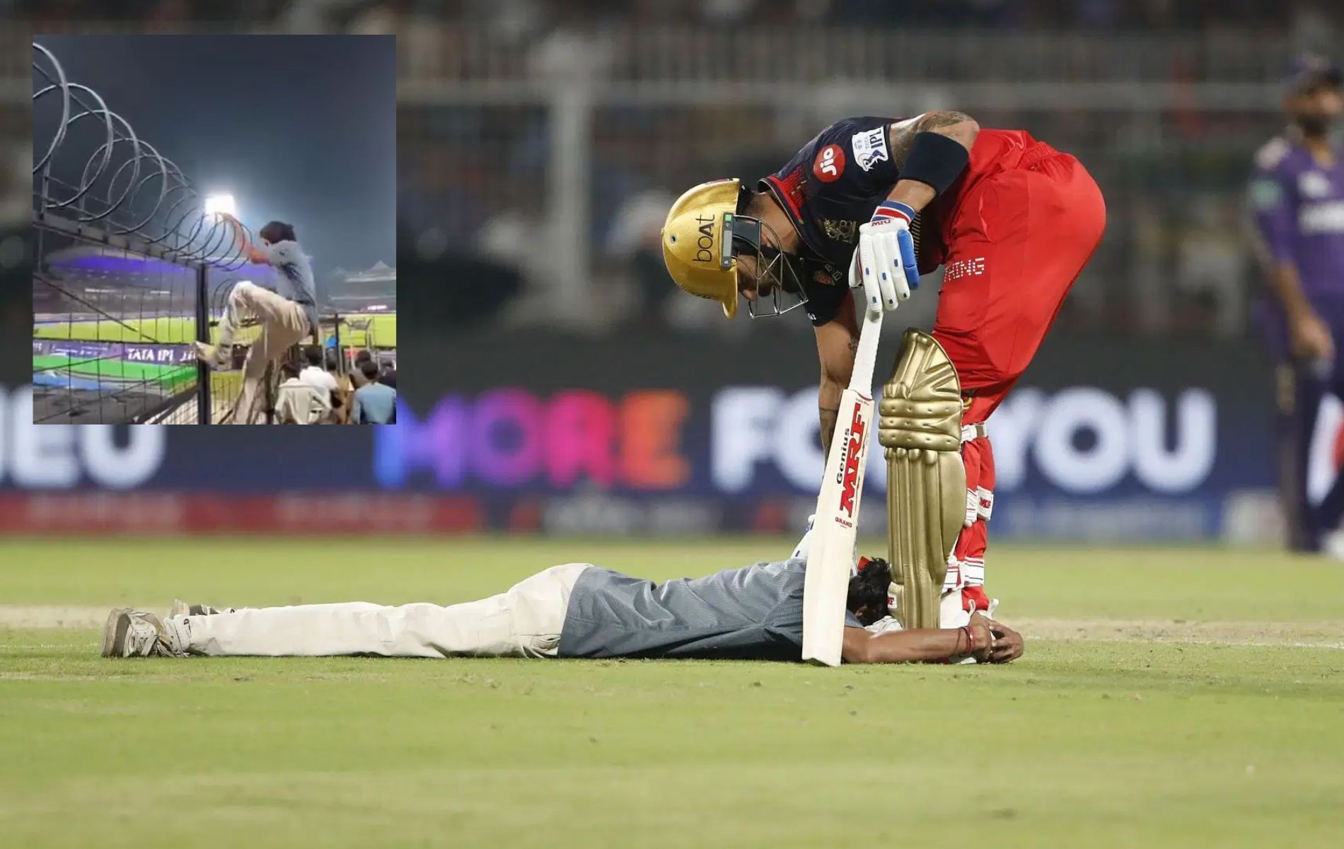 A Virat Kohli fan invaded the pitch during KKR vs RCB match on Saturday. (Pics: Getty Images/X/@soumyajitt).