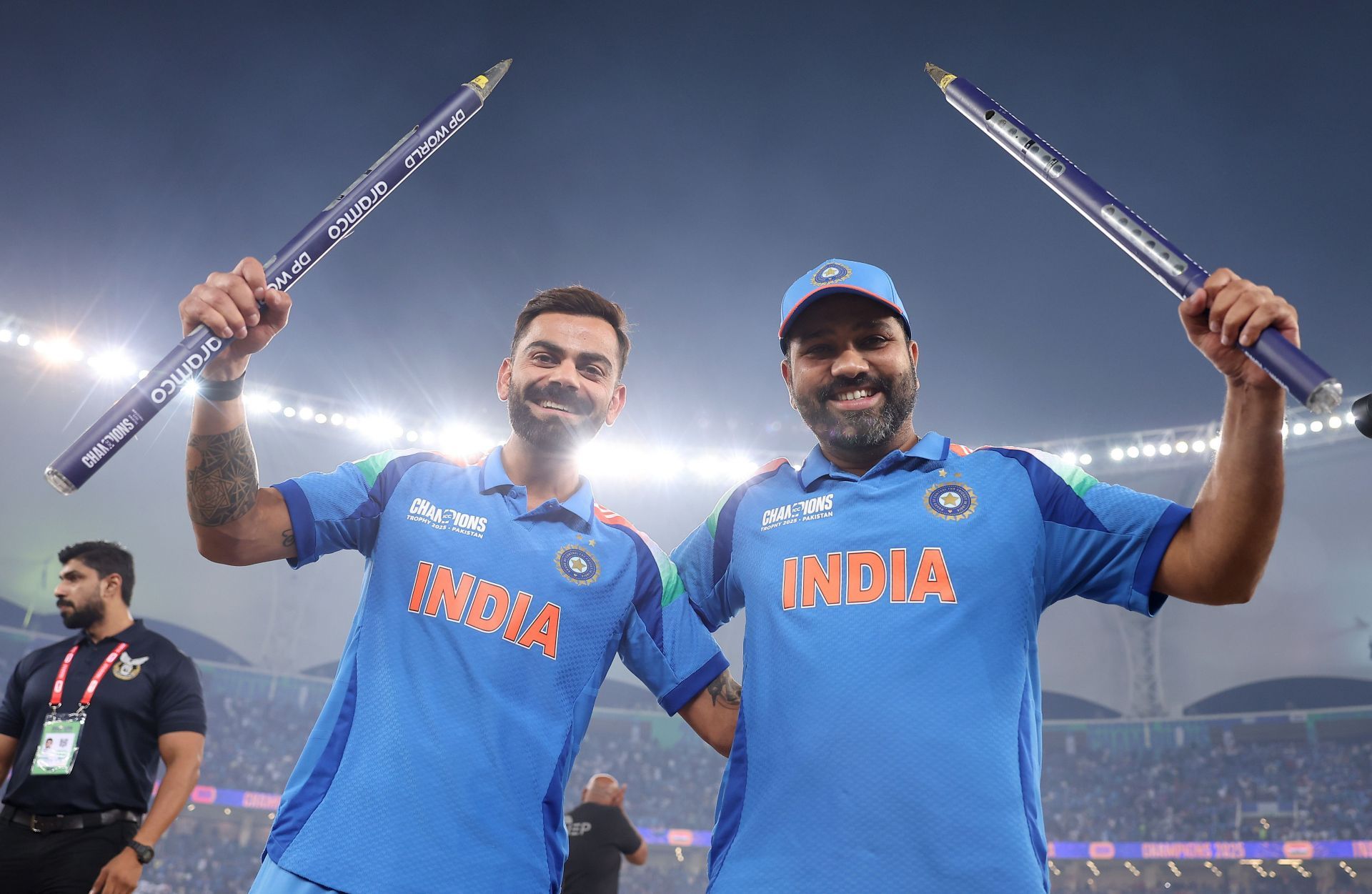 Rohit Sharma and Virat Kohli celebrate after the final hit- Source: Getty