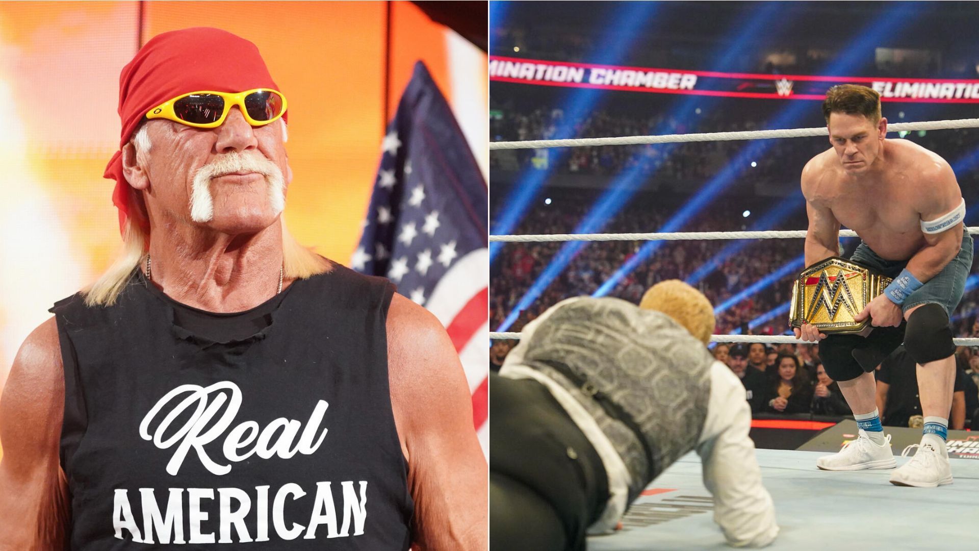 Hulk Hogan (left) and John Cena attacking Cody Rhodes at WWE Elimination Chamber (right) [Picture courtesy: WWE.com]