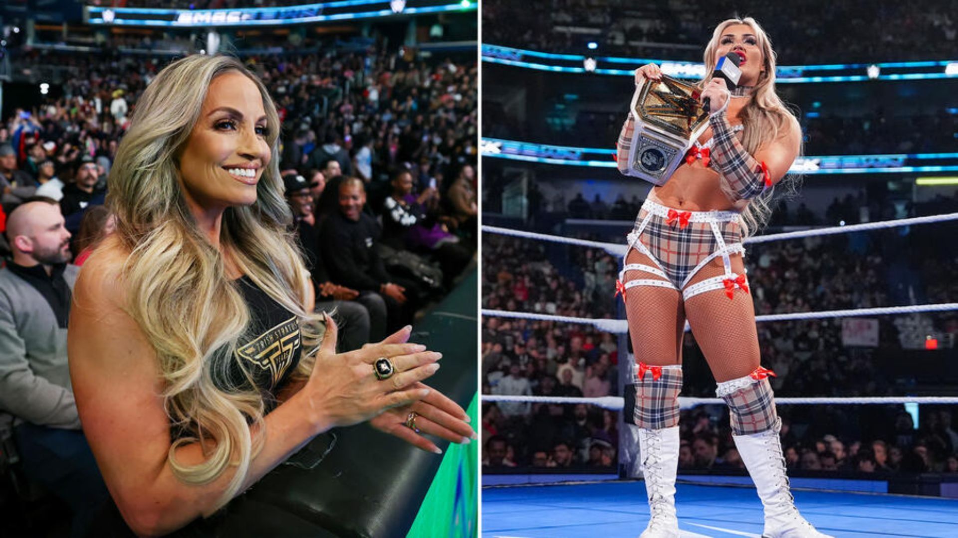 Trish Stratus and Tiffany Stratton tags for the first time ever at Elimination Chamber 2025 in Toronto, Ontario, Canada [WWE/Courtesy]