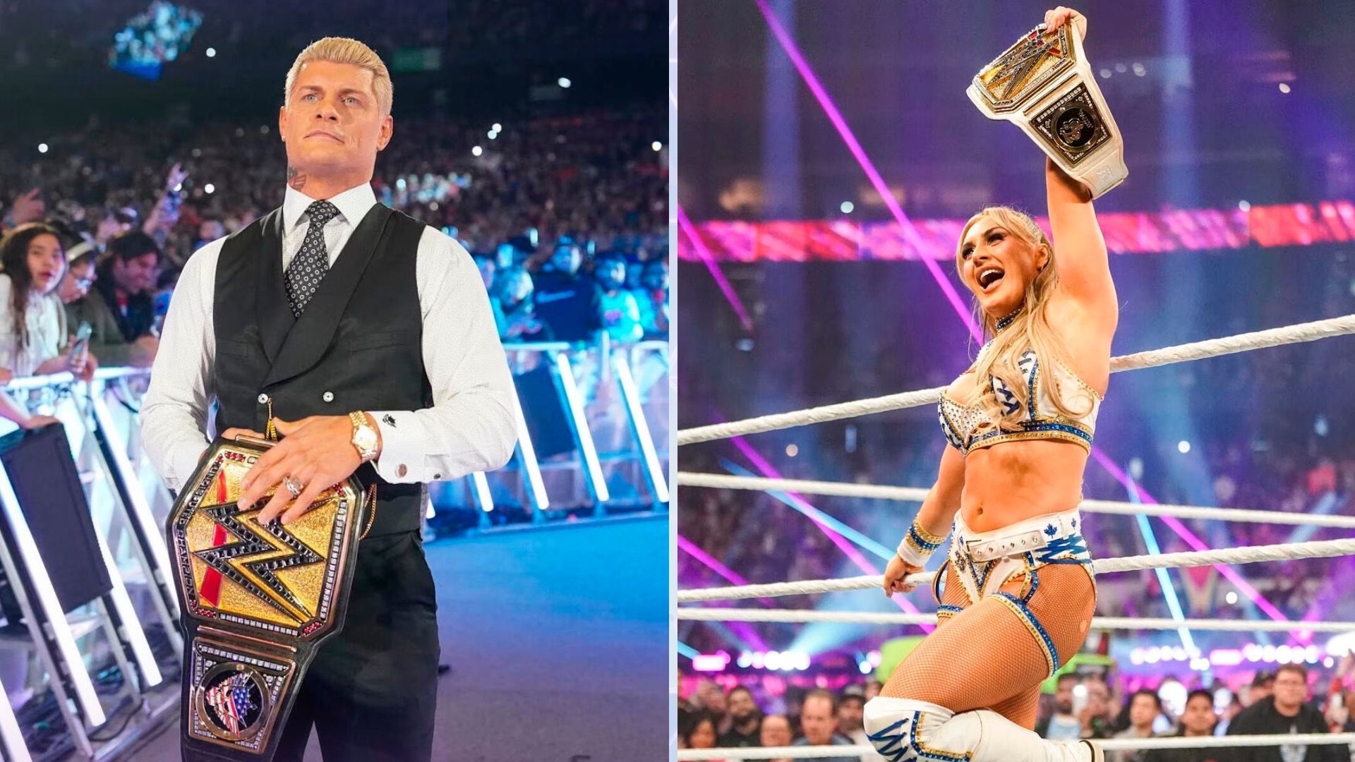 Will Cody Rhodes and Tiffany Stratton survive 2025 with their titles? (Image Credits: WWE.com).