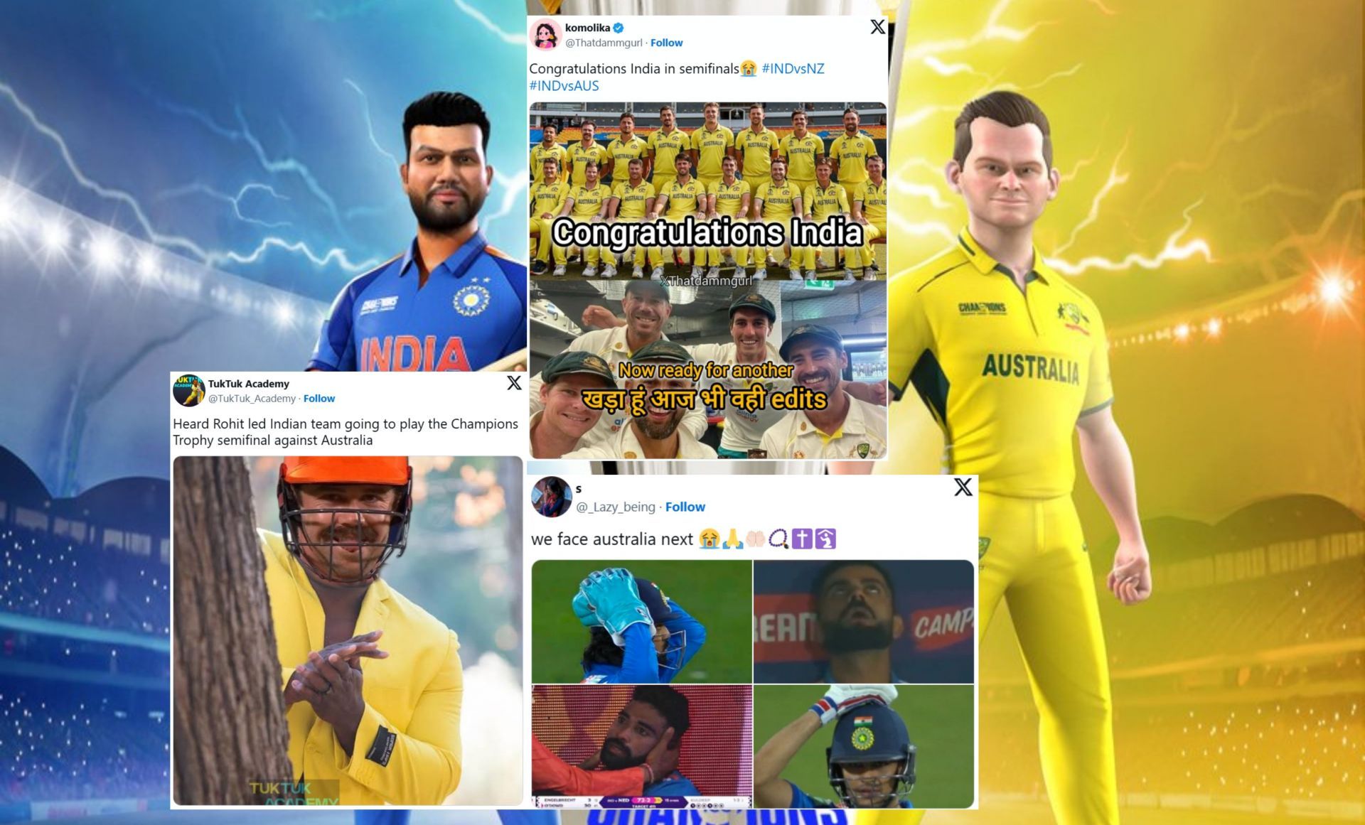 Fans react ahead of IND vs AUS CT 2025 clash. (Images: X - ICC, @TukTuk_Academy, @_Lazy_being, @Thatdammgurl)