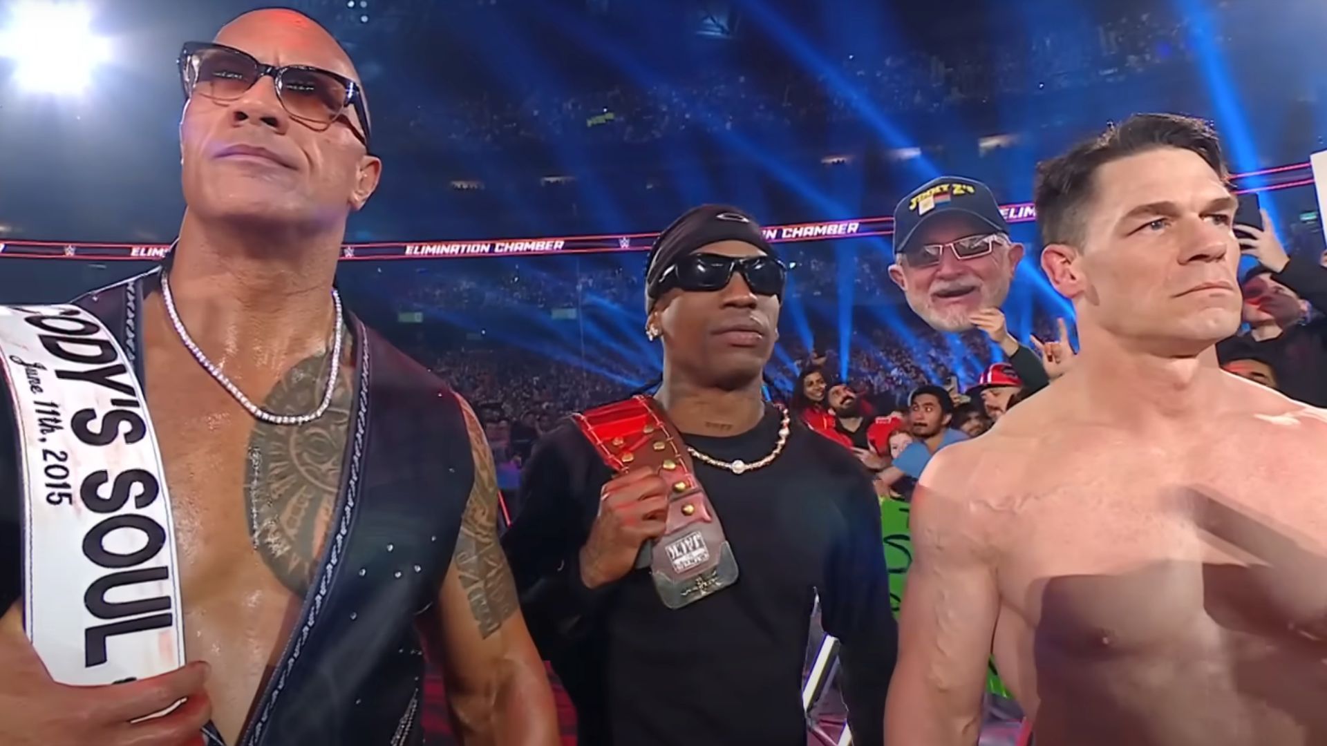 The veteran aligned with John Cena and Travis Scott at Elimination Chamber. [Image credit: WWE on YouTube]