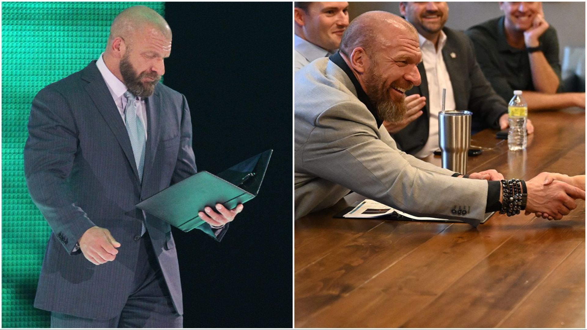 WWE CCO Triple H reads a contract and shakes hands with talent