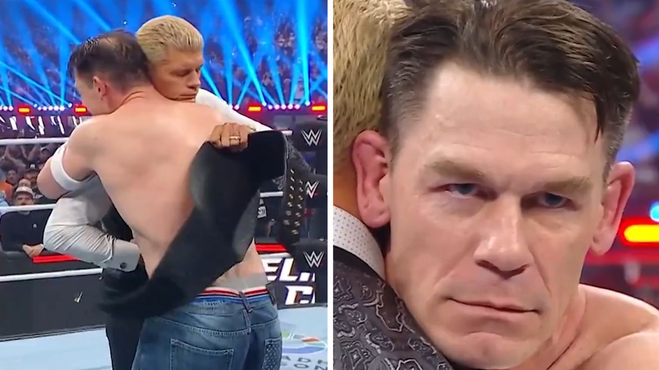 Cena hugging Cody before the shocking moment (via WWE