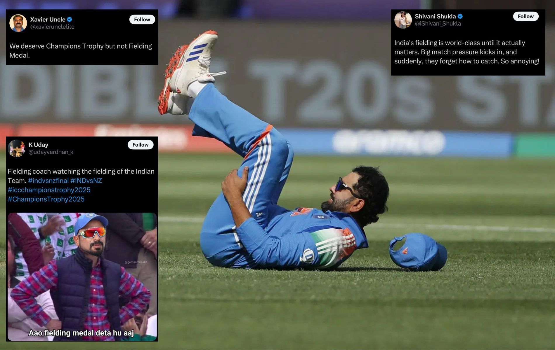 India put down five chances in the field during 2025 Champions Trophy final. (Pics: Getty Images/X/@iShivani_Shukla/@xavierunclelite/@udayvardhan_k).