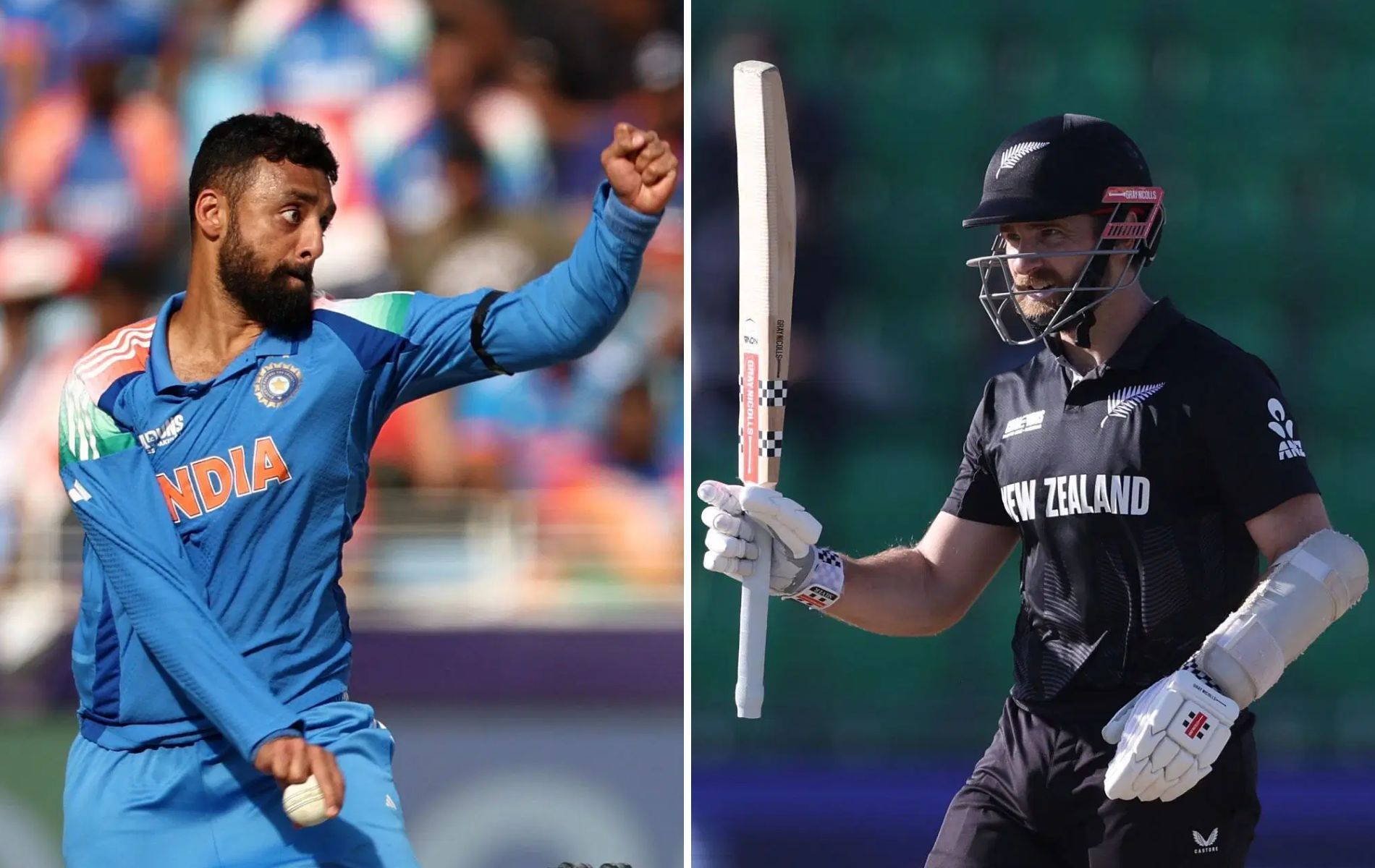 Varun Chakaravarthy (left) claimed a five-wicket haul against New Zealand in the 2025 Champions trophy group stage. (Pics: Getty Images).