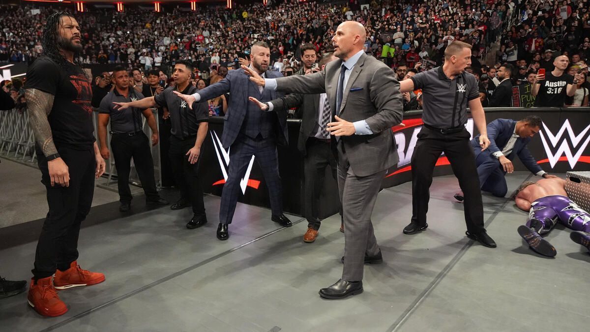 Adam Pearce stopping Roman Reigns on RAW (Image Credits: WWE.com)