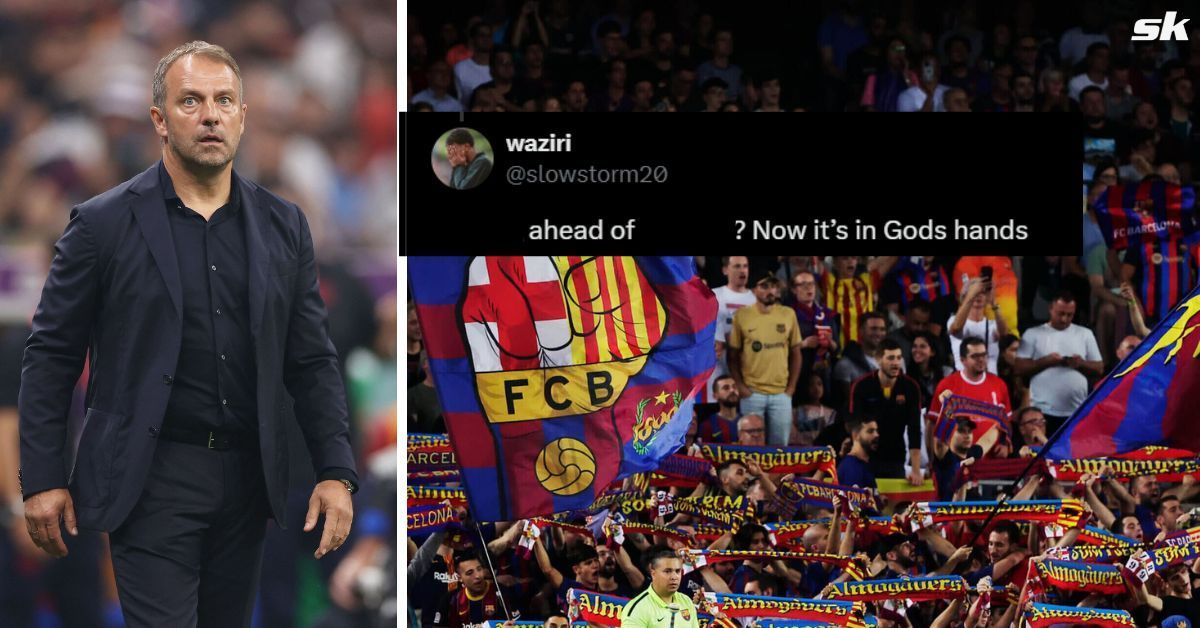 L to R: Hansi Flick and Barcelona fans (Image via Getty and X/@slowstorm20)