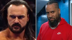 Drew McIntyre reacts after Jimmy Uso's new tag team partner gets teased