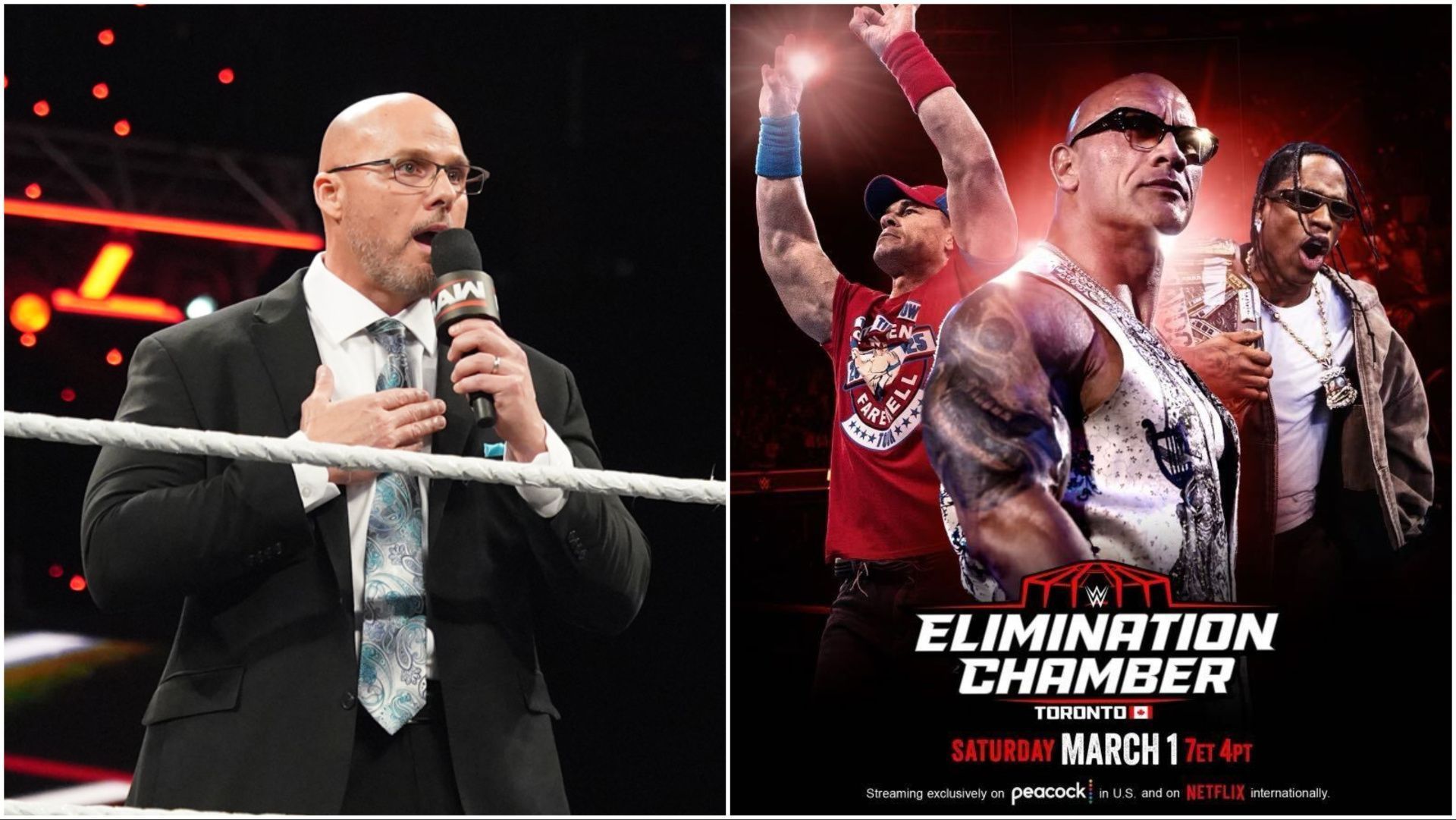 WWE RAW GM Adam Pearce in action, WWE Elimination Chamber poster