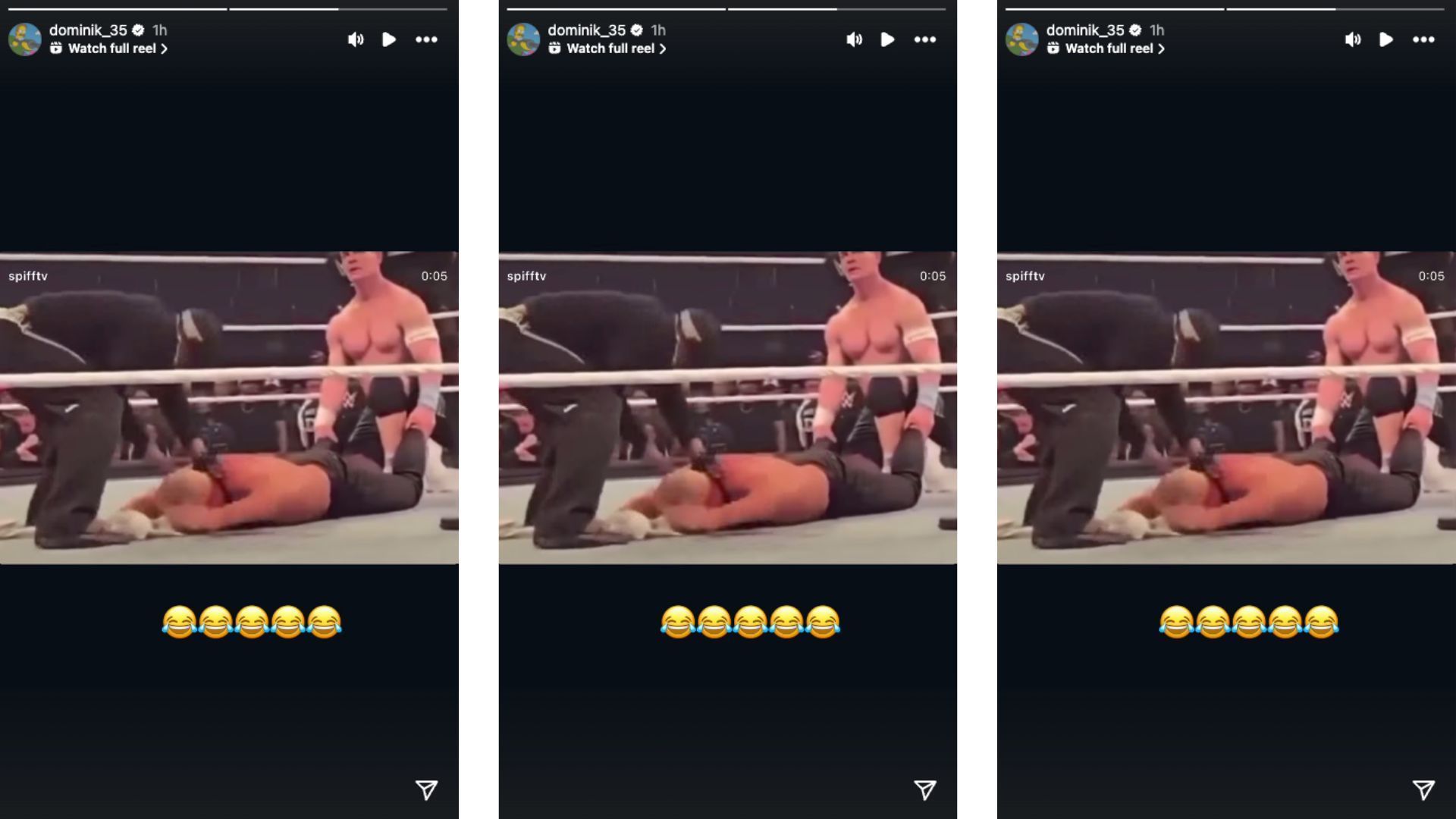 Mysterio reacts to Rhodes getting slapped by Travis Scott at Elimination Chamber. [Image credit: Screenshot from Dominik Mysterio&#039;s Instagram story]