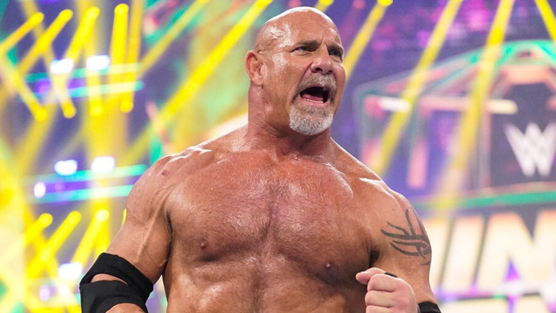 Goldberg at the WWE Elimination Chamber 2022 show; his last match to date [WWE/Courtesy]