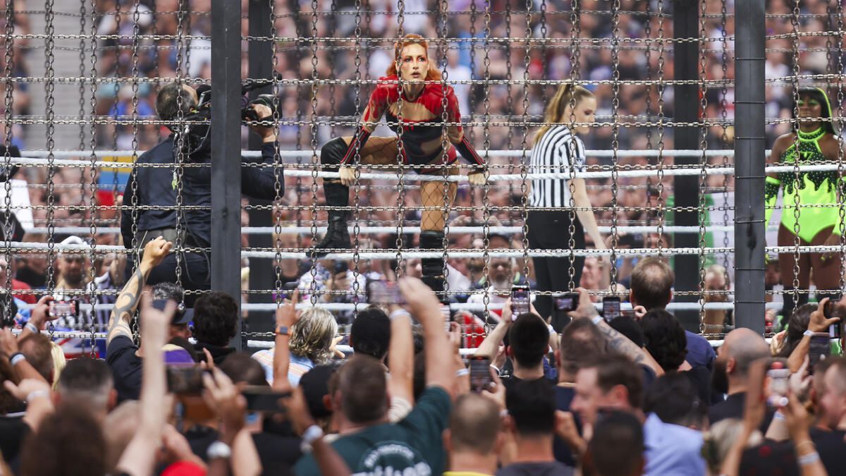 Becky Lynch inside the Elimination Chamber in 2024 (Photo credit: WWE.com)