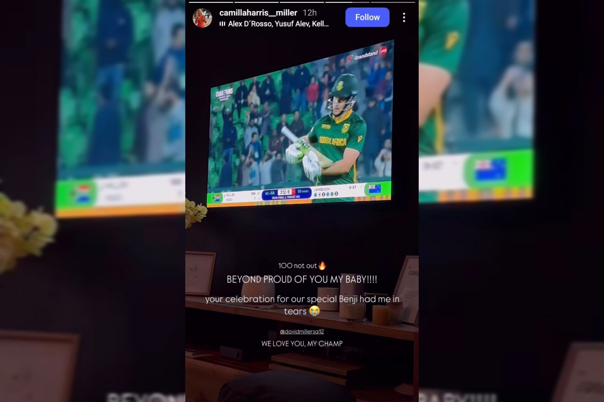 David Miller’s wife’s emotional reaction after century in 2025 Champions Trophy semi-final (Image via Instagram-@camillaharris_miller)