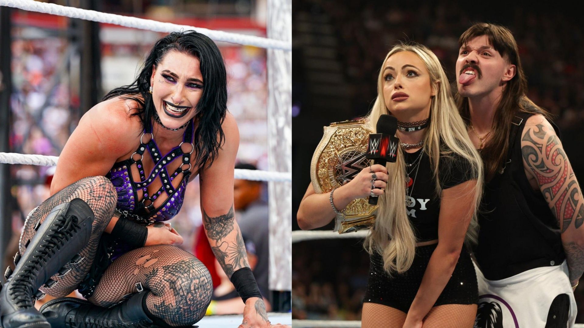 Rhea Ripley; Liv Morgan and Dominik Mysterio! (Images from WWE.com and X handle)