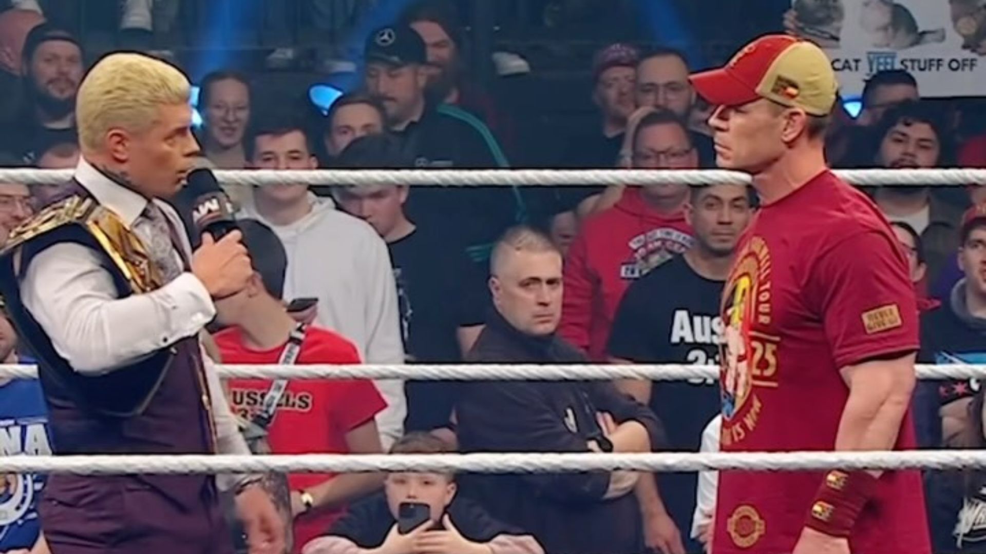 Cody Rhodes and John Cena on RAW in Brussels in Belgium. (Picture via: WWE