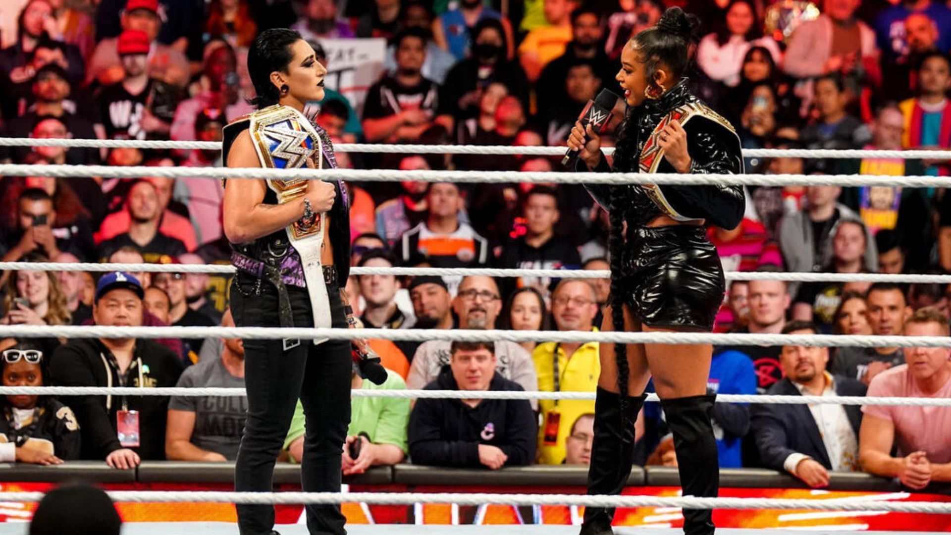 Rhea Ripley and Bianca Belair on RAW after WrestleMania 39! [Image credit: WWE.com]