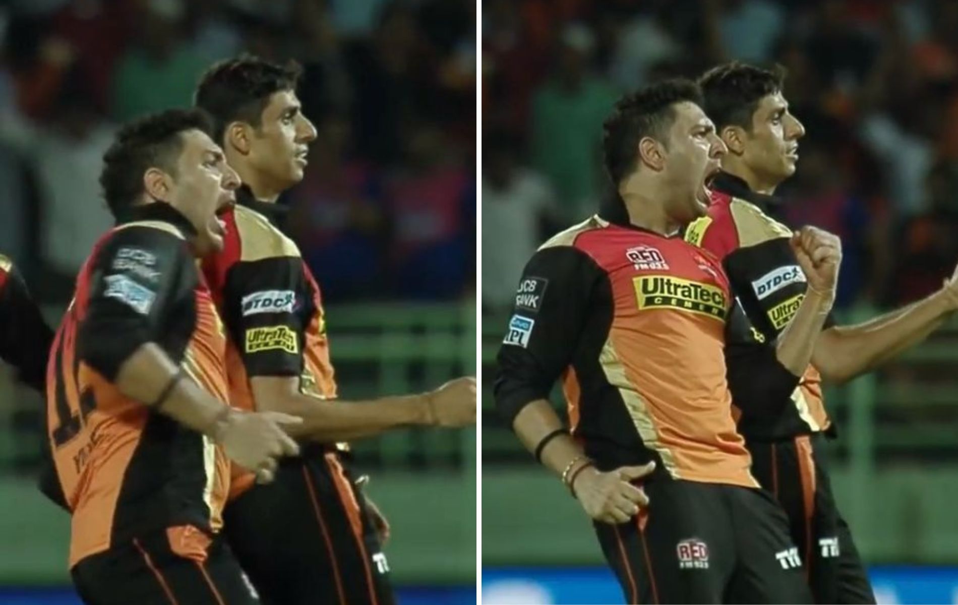 Yuvraj Singh and Ashish Nehra celebrate a wicket against RPSG. (Pics: iplt20.com). 