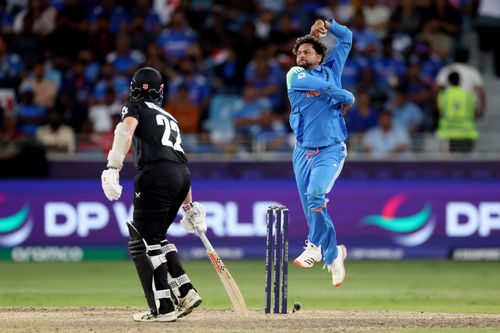 Kuldeep Yadav in action against New Zealand during the ICC Champions Trophy 2025 - Source: Getty