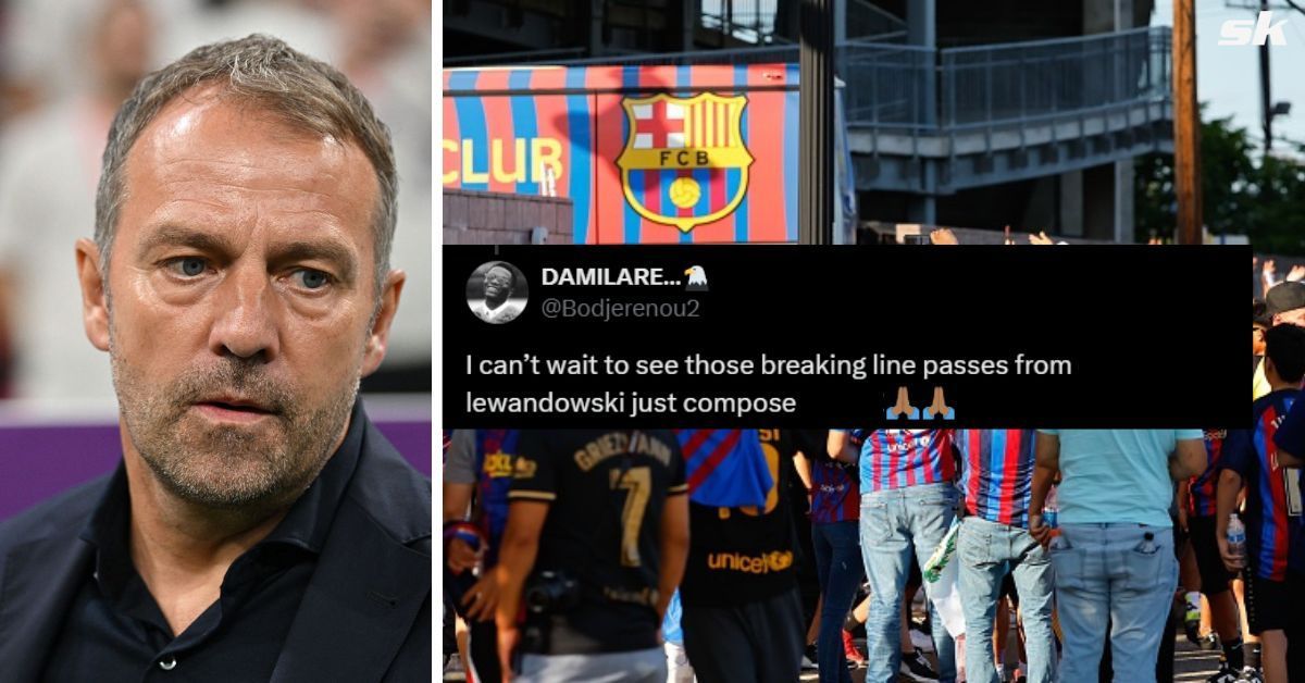 L to R: Hansi Flick and Barcelona fans (Images via Getty and X/@Bodjerenou2)