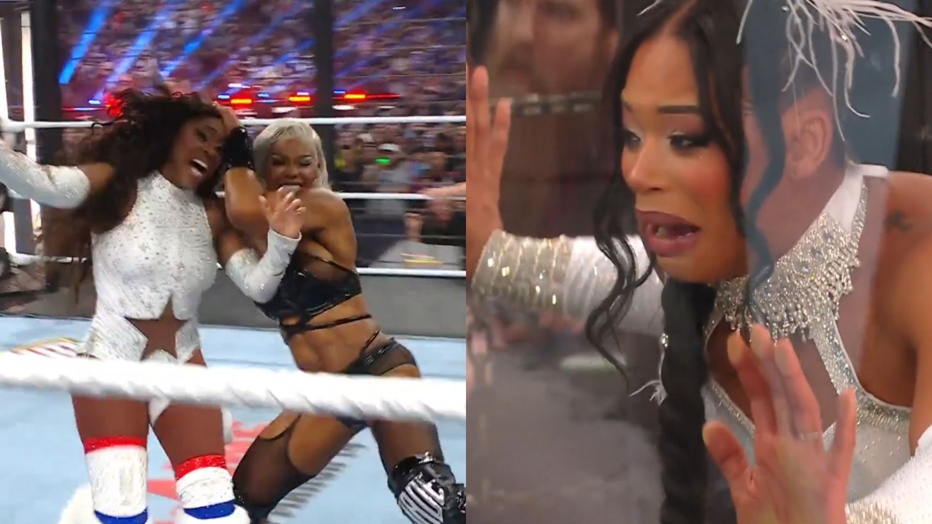 Jade Cargill attacking Naomi (left) and Bianca Belair (right) [Image Credits: WWE