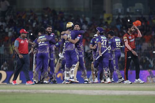 KKR celebrate their IPL 2024 final win over SRH. (Credits: Getty)