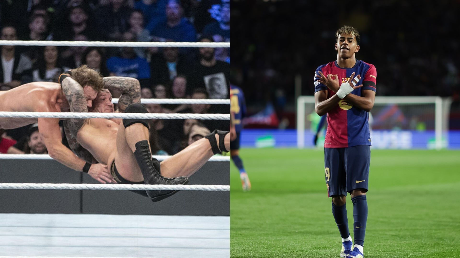 Randy Orton hitting the RKO (left), Lamine Yamal (right) (Image Credits: WWE.com and FC Barcelona on X)