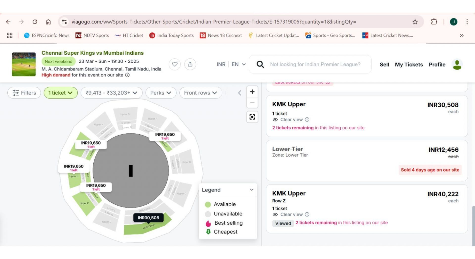 CSK vs MI IPL 2025 price list on viagogo.com.