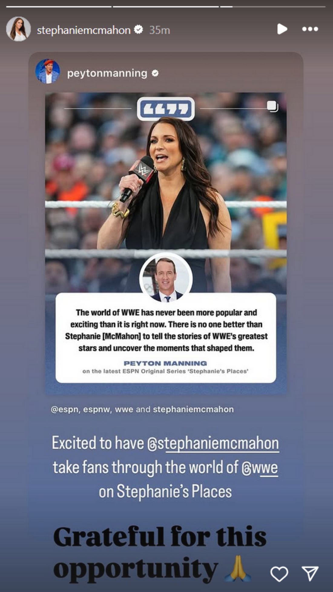 Screenshot of Stephanie McMahon and Peyton Manning posts (Photo Credit: Stephanie McMahon on Instagram)