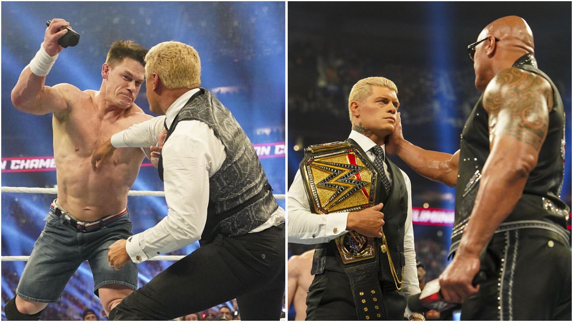 John Cena and The Rock beat up John Cena at Elimination Chamber. (Photos: WWE.com)