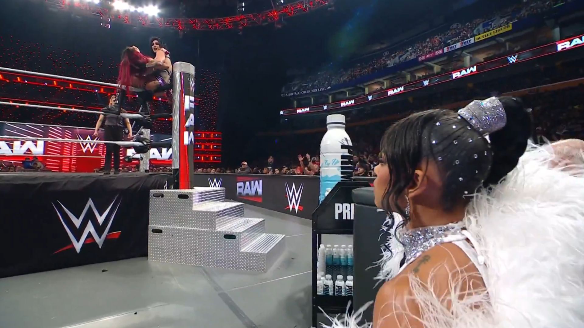 Rhea Ripley and Bianca Belair had words and a questionable altercation in the main event of RAW. (Image Credit: WWE on X).