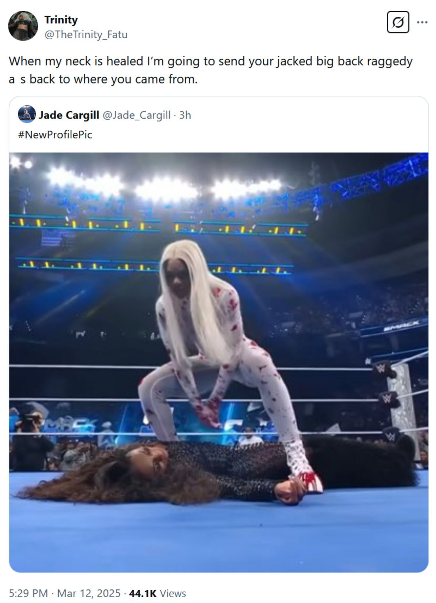 Screenshot of Trinity Fatu&#039;s tweet to Jade Cargill (Photo Credit: Trinity Fatu on X)