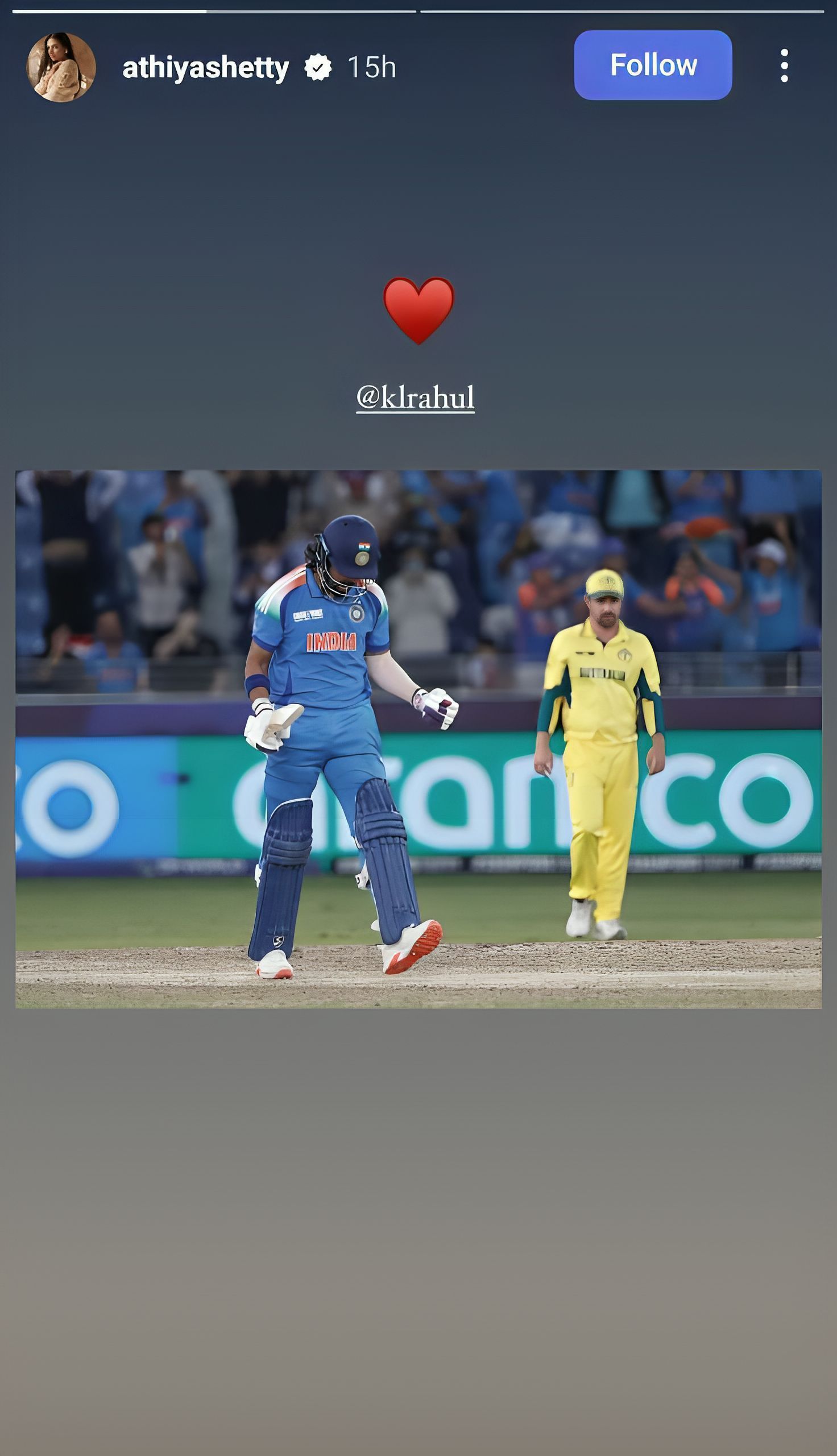 Athiya Shetty&#039;s Instagram story after KL Rahul&#039;s knock against Australia (Image Credits: Athiya Shetty/IG)