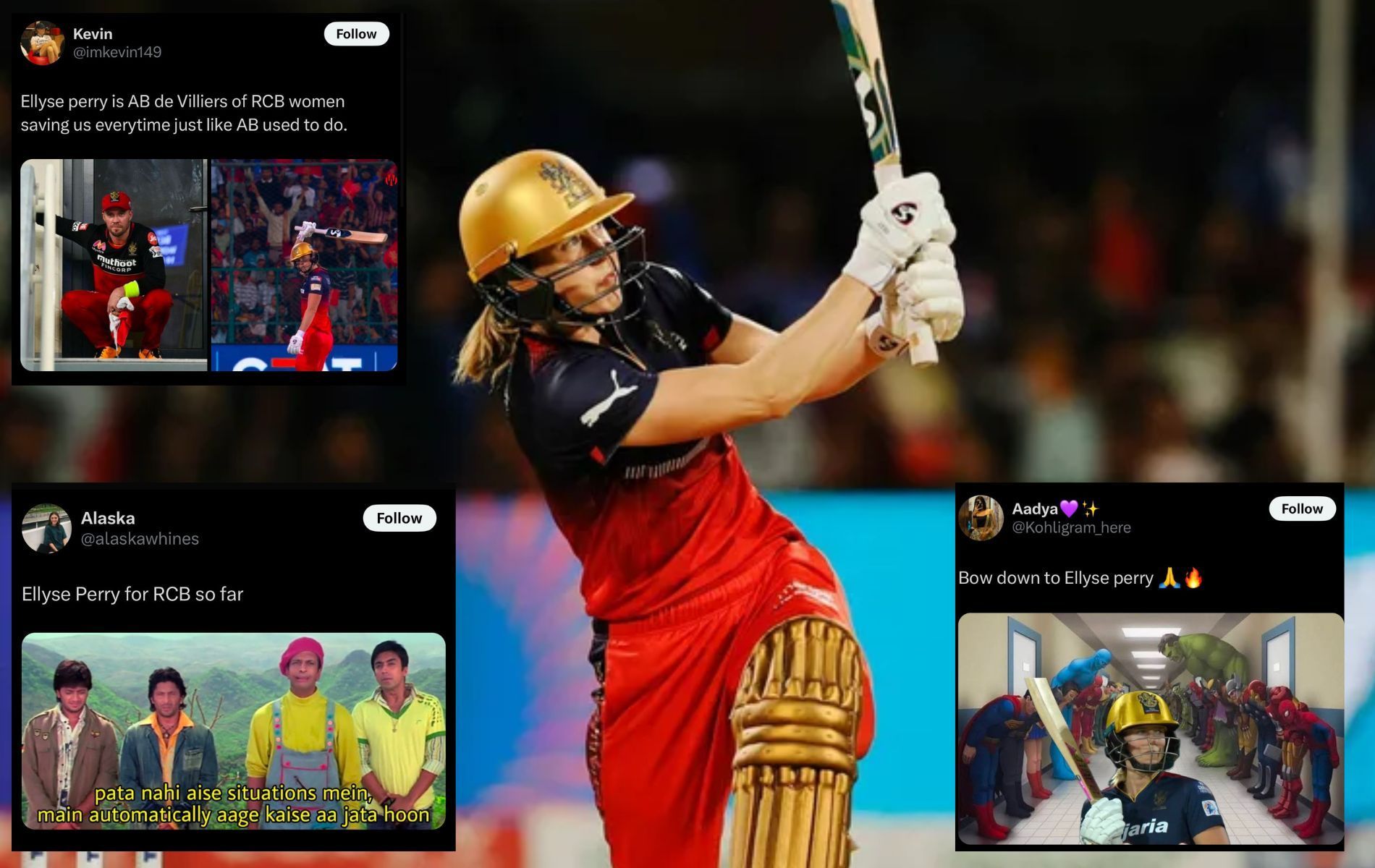 Ellyse Perry is the leading run-getter of WPL 2025. (Pics: WPLT20.com/X/@Kohligram_here/@alaskawhines/@imkevin149).