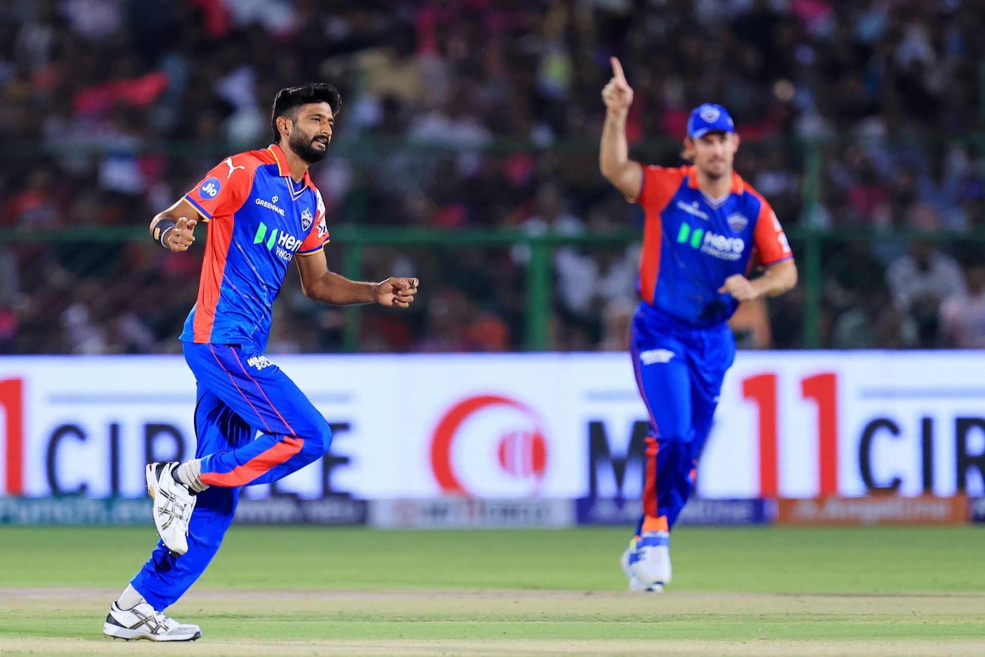 Khaleel Ahmed celebrates picking a wicket for DC. Source: Getty